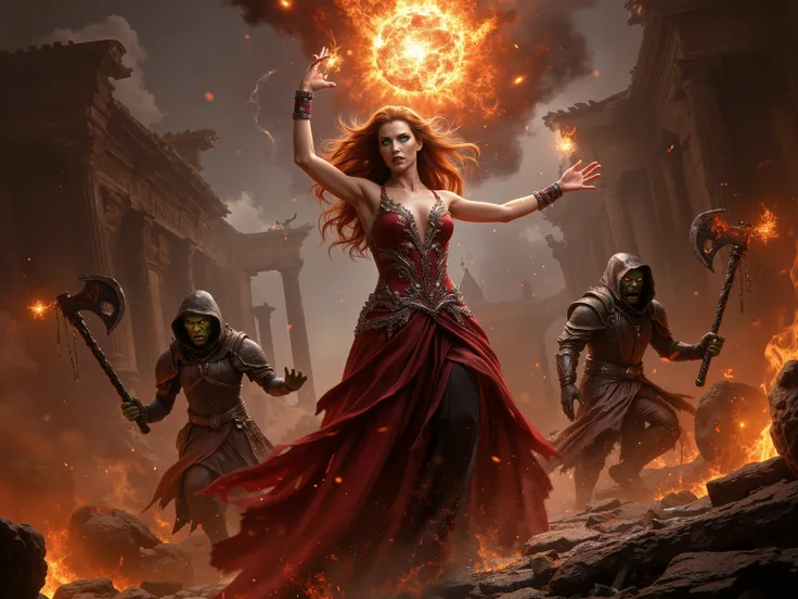 Amidst the fiery destruction of ancient Rome, the Vampire Queen stands tall, an unstoppable force of dark majesty. Her piercing emerald eyes glow with supernatural power as she hurls a massive fireball, its molten core casting hellish light across the batt...