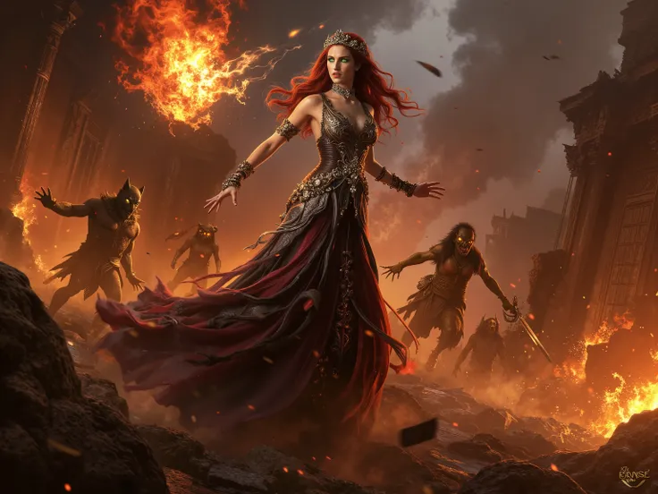 Amidst the fiery destruction of ancient Rome, the Vampire Queen stands tall, an unstoppable force of dark majesty. Her piercing emerald eyes glow with supernatural power as she hurls a massive fireball, its molten core casting hellish light across the batt...