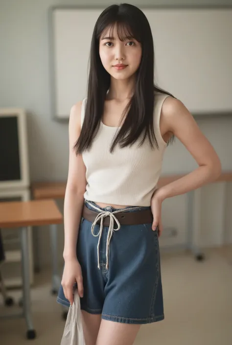 best quality, 8k, masterpiece, Ultra High Resolution, (photorealistic: 1.4), RAW photo, ( brown hair 、Bright and long hair ), (wearing tank top), (Tied at the waist:1.3), slim abs: 1.1, (((Standing leaning forward in the classroom、open your legs ))),((((br...
