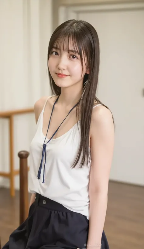 best quality, 8k, masterpiece, Ultra High Resolution, (photorealistic: 1.4), RAW photo, ( brown hair 、Bright and long hair ), (wearing tank top), (Tied at the waist:1.3), slim abs: 1.1, (((Standing leaning forward in the classroom、open your legs ))),((((br...