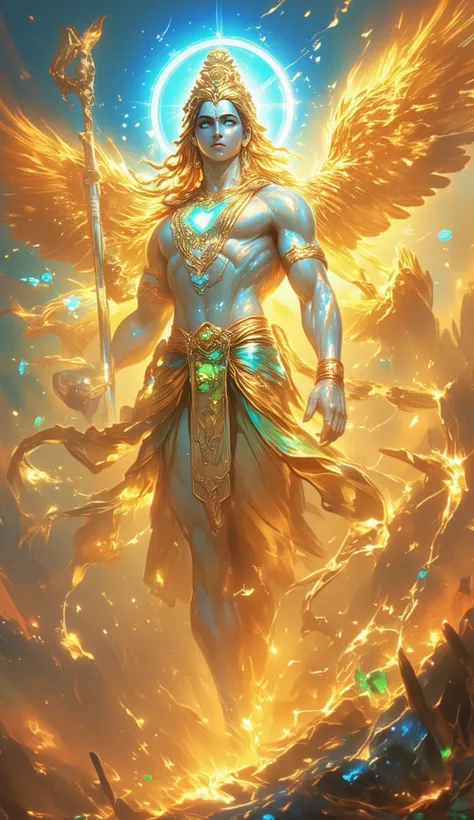 Image result action figure Realism Surrealism quality 4D 8K wallpaper HD , Lord Vishnu his eyes shine blue in Full force mode no wear clothes look his body strength big burly muscular his hair long golden color, from his body gives off the energy of a gol...