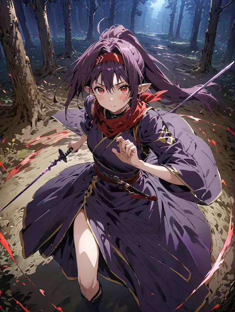 
 yuukiKonno, Konno Yuuki, Hairband, long hair, pointy ears, purple hair, stアップid hair,RED EYES,ponytail with a man,  purple kimono , purple spots , red scarf,boots,Serious,
抜knife術の構え, Viewer, holding, weapons, Sword 1:1, holding weapons, holding 剣, stand...
