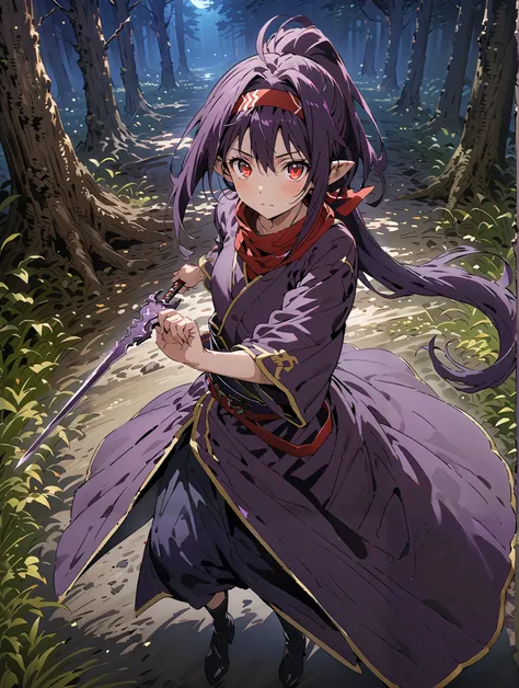 
 yuukiKonno, Konno Yuuki, Hairband, long hair, pointy ears, purple hair, stアップid hair,RED EYES,ponytail with a man,  purple kimono , purple spots , red scarf,boots,Serious,
抜knife術の構え, Viewer, holding, weapons, Sword 1:1, holding weapons, holding 剣, stand...