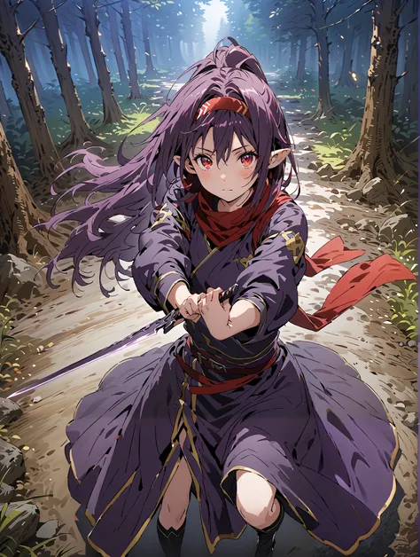 
 yuukiKonno, Konno Yuuki, Hairband, long hair, pointy ears, purple hair, stアップid hair,RED EYES,ponytail with a man,  purple kimono , purple spots , red scarf,boots,Serious,
抜knife術の構え, Viewer, holding, weapons, Sword 1:1, holding weapons, holding 剣, stand...