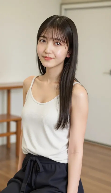 best quality, 8k, masterpiece, Ultra High Resolution, (photorealistic: 1.4), RAW photo, ( brown hair 、Bright and long hair ), (wearing tank top), (Tied at the waist:1.3), slim abs: 1.1, (((Standing leaning forward in the classroom、open your legs ))), ((big...