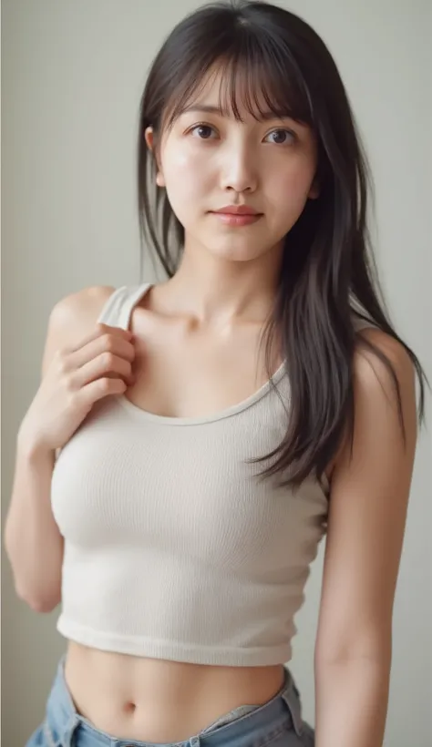 best quality, 8k, masterpiece, Ultra High Resolution, (photorealistic: 1.4), RAW photo, ( brown hair 、Bright and long hair ), (wearing tank top), (Tied at the waist:1.3), slim abs: 1.1, (((Standing leaning forward in the classroom、open your legs ))), ((big...