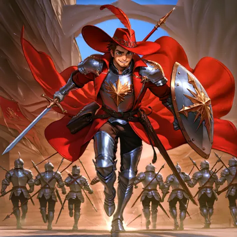 A charming mature male knight wearing a chest plate with shoulder pads and silver gloves, covered on top with a red overcoat with gold details, Also using silver greaves, runs at high speed through the middle of a bustling street market. Your red wide-brim...