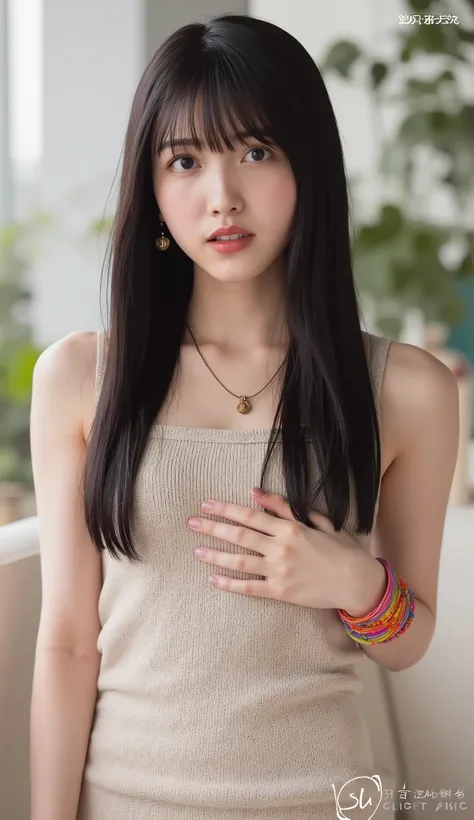 best quality, 8k, masterpiece, Ultra High Resolution, (photorealistic: 1.4), RAW photo, ( black hair 、Bright and long hair ), (knitted tanktop, plated skirts), (Tied at the waist:1.3), slim abs: 1.1,((super Big breasts:1.6)), ((necklaces, colorful bracel...