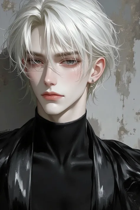 Impasto, white Blonde hair, short hair, masterpiece, best quality, 1 man , bangs, perfect face , black eye , handsome male , alone, pale skin , Adult male , delicate line drawing,Extremely detailed , (black turtleneck), (black kimono with longitudinal stri...