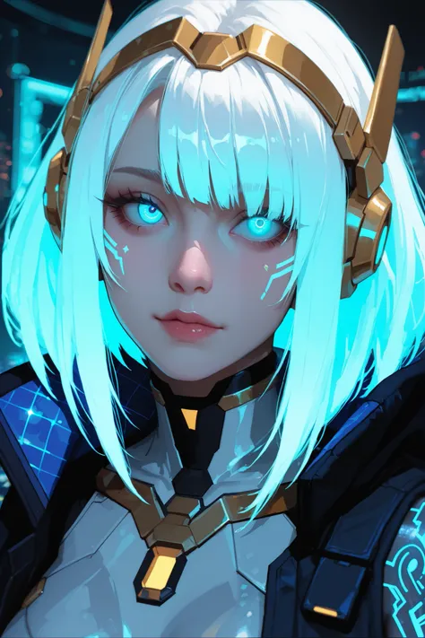 Frontal close-up portrait of a futuristic, tech-savvy woman with short white hair, styled cleanly with subtle blue metallic streaks. Her cyan glowing eyes stare intensely into the camera, exuding intelligence and confidence. A sleek golden visor covers her...