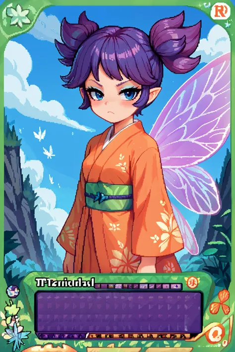 score_9_up, score_8_up, score_7_up, 1girl, solo, source_anime, pixel art, tr4dingcard, card (medium), english_test, common_rarity_icon, N, trading_card, white_trade_card_frames, fairy, FairyForm, Fairy Wings, Wings BREAK
Short twintails, fairy wings, ban...