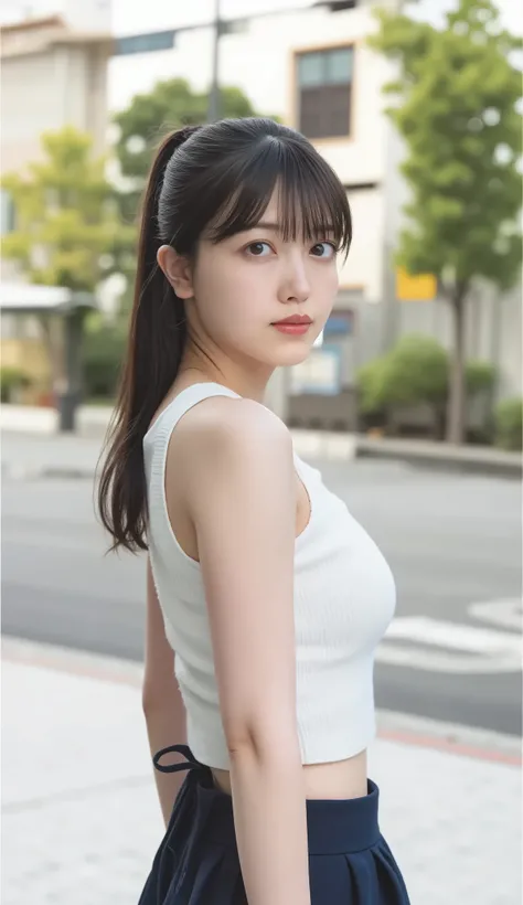 best quality, 8k, masterpiece, Ultra High Resolution, (photorealistic: 1.4), RAW photo, ( black hair 、Bright and long hair ), (wearing tanktop, micro skirts), (Tied at the waist:1.3), slim abs: 1.1,(((Big breasts))),solo, ((full body:1.7)), open breast, sh...