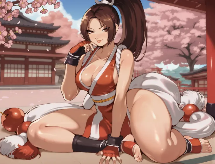 ((mai shiranui)), ((fatal fury)), ((king of fighters)), ((roropull), ((masterpiece)), ((high resolution)), ((solo portrait)), {(attractive figure), (thick thighs), (pretty feet), (lush lips), (long brown hair), (high ponytail), (cute brown eyes), (long eye...