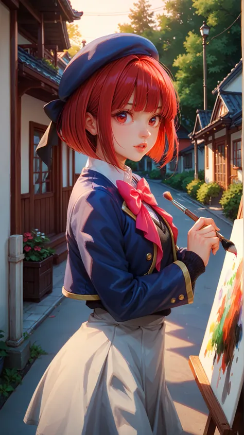 masterpiece, best quality, from side, solo, 1girl, k4nadef, parted lips, looking at viewer, standing, painting \(action\), holding paintbrush, medium hair, red hair, bob cut, inverted bob, blue headwear, beret, hat ribbon, pink ribbon, red eyes, school uni...