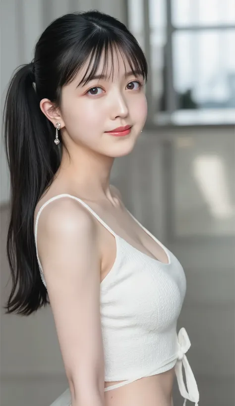 best quality, 8k, masterpiece, Ultra High Resolution, (photorealistic: 1.4), RAW photo, ( black hair 、Bright and long hair ), (wearing tanktop, micro skirts), (Tied at the waist:1.3), slim abs: 1.1,(Big breasts),solo, ((full body:1.7)), open breast, show b...