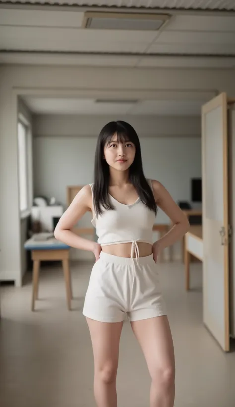 best quality, 8k, masterpiece, Ultra High Resolution, (photorealistic: 1.4), RAW photo, ( black Hair, long hair ), (wearing tank top), (Tied at the waist:1.3), slim abs: 1.1, (((Standing leaning forward in the classroom、bare legs ))), ((big natural breast ...