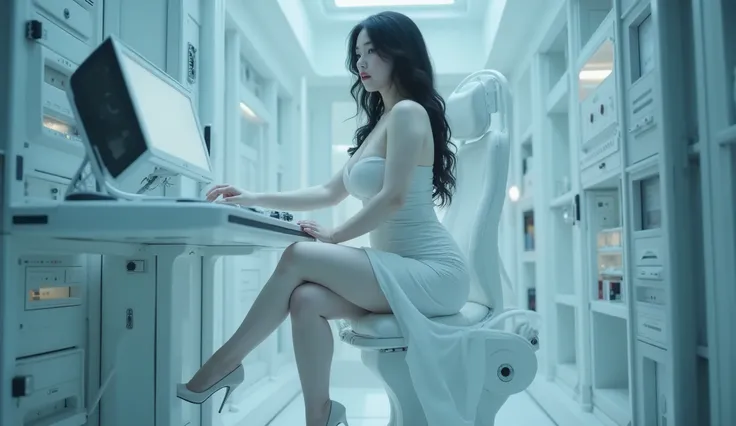 far elevated shot of (1woman), wide frame shot, full body pose, an albino European [South East Asian] mixed woman, (Caucasian), ((albino)), cute chubby, big breast, thick thighs, (white pale skin), black hair, sitting on sci-fi electrical instruments, work...