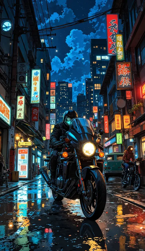 A futuristic anime-style scene of a neon-lit cityscape at night. A sleek, customized Kawasaki Z1000 with glowing blue underlights and cybernetic modifications speeds through the rain-slicked streets, leaving a trail of light. The rider, a masked cyberpunk ...
