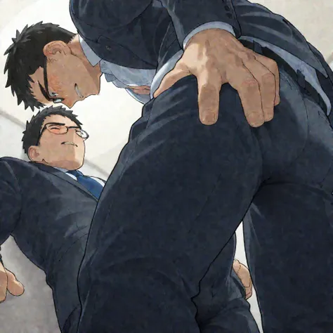 a young businessman, large pectoral muscles, wearing black-rimmed glasses, ((grab the butt (through clothes))), close contact, embarrassed and blushing, ((sexual harassment)), (business suits), touching the anus through slacks, small nipples, erection, in ...
