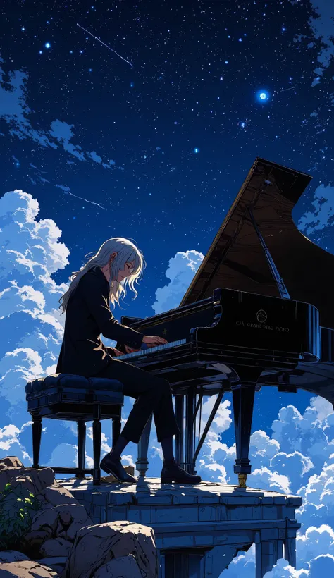 A lonely anime pianist with long silver hair and a black suit plays a grand piano on a floating platform above the clouds. The keys glow faintly as he presses them, and each note creates a ripple in the night sky, forming constellations. His eyes are close...