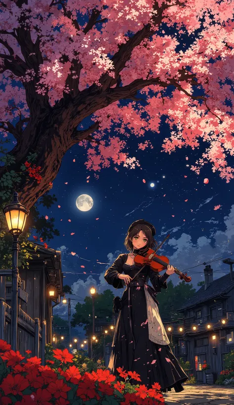 A serene anime girl in an elegant gothic-lolita dress plays the violin under a cherry blossom tree at night. The moonlight bathes her in a soft glow, and glowing musical notes drift into the air like fireflies. Petals swirl around her, carried by a gentle ...