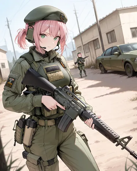 masterpiece, absurdres, highres, newest, solo, solo focus, 1girl, pink hair, short hair, ponytail, green eyes, green uniform, beret, tactical gear, headset, (holding m16, c-m16, perfection, perfect gun, very detailed weapon, 1.2), looking at viewer, outdoo...