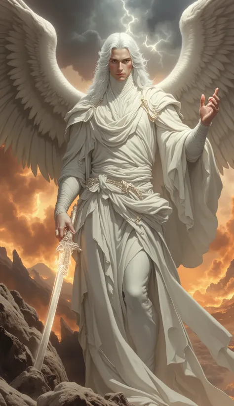 Fearless White Male Angel, pointing right index finger, full body, with avenging great sword, Apocalypse, dooms day, Illustration, cinematic light, high resolution, best quality, ultra detailed, masterpiece,
