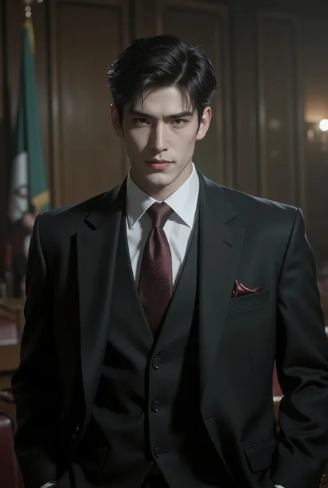 a professional lawyer, intricate details, highly intelligent facial expression, mature and confident, wearing a formal suit, standing in a courtroom, dramatic lighting, cinematic composition, muted color palette, photorealistic, 8k, high quality, detailed ...