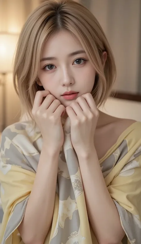 soft , patterns. A gentle and artistic portrait of a young blond woman wrapped in、she's completely naked:1.7、The fabric delicately blends calm yellow and gray tones with subtle floral patterns and abstract designs、The woman's expression is gentle and int...