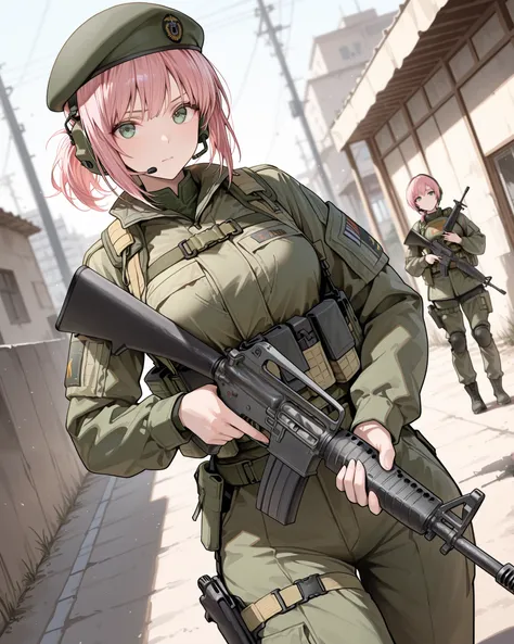 masterpiece, absurdres, highres, newest, solo, solo focus, 1girl, pink hair, short hair, ponytail, green eyes, green uniform, beret, tactical gear, headset, (holding m16, c-m16, m16a2, perfection, perfect gun, very detailed weapon, 1.2), looking at viewer,...