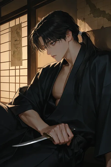 middle-aged 남성, handsome, lying, 1 man, dark circles under eyes, long hair, male-centered, handsome man, Thick painted , Korean Comic Style , semi-realistic art , semi-realistic art style, Expressive Brushstrokes, vibrant brushstroke on the back of th...
