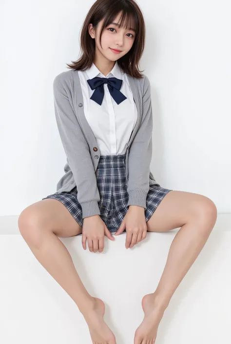 high image quality、High detail、Realistic skin、pretty face、smile、Japanese beauty with medium hair、white shirt with navy bow、grey cardigan、Short Check Pleated Skirt、( and shows off her white panties:1.8.)、to raise the skirt、white background、Sit with your leg...