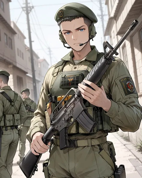 masterpiece, absurdres, highres, newest, solo, solo focus, 1boy, adult male, male focus, black hair, short hair, crew cut hair, blue eyes, green uniform, beret, tactical gear, headset, (holding m16, c-m16, m16a2 rifle, perfection, perfect gun, very detaile...