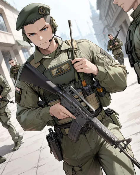 masterpiece, absurdres, highres, newest, solo, solo focus, 1boy, adult male, male focus, black hair, short hair, crew cut hair, blue eyes, green uniform, beret, tactical gear, headset, (holding m16, c-m16, m16a2 rifle, perfection, perfect gun, very detaile...