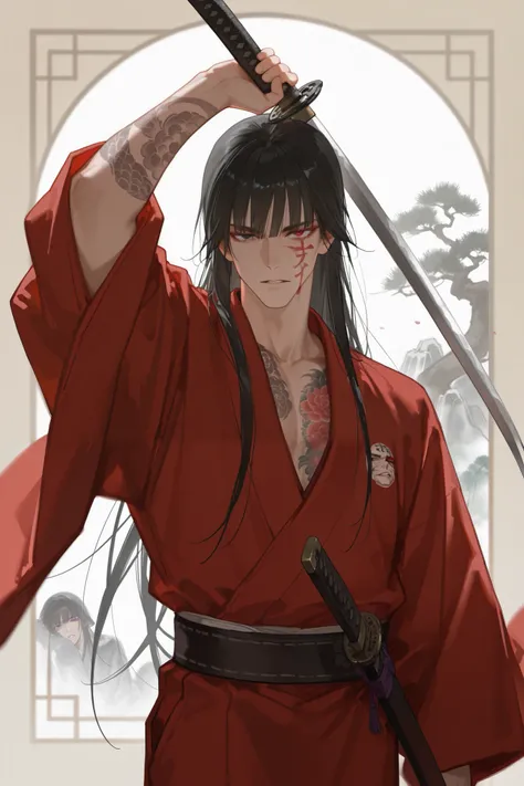 masterpiece, best quality, very aesthetic, newest, absurdres, highres,
yuyuhuadiao,
1boy, solo, long hair, male focus, black hair, waist-deep, colored eyelashes, parted lips, red kimono, looking at viewer, tattoo, straight bangs on the face, heterochromia,...
