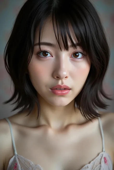(( Best Quality )), ((masterpiece)), ( details), first-person view ,japanese girl, sexy,( Bring Your Face Closer ),((mouth wide open )),((underwear)), short hair, black hair, ((( without makeup )))