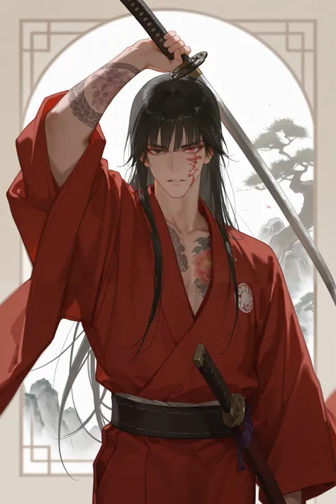 masterpiece, best quality, very aesthetic, newest, absurdres, highres,
yuyuhuadiao,
1boy, solo, long hair, male focus, black hair, waist-deep, colored eyelashes, parted lips, red kimono, looking at viewer, tattoo, straight bangs on the face, heterochromia,...