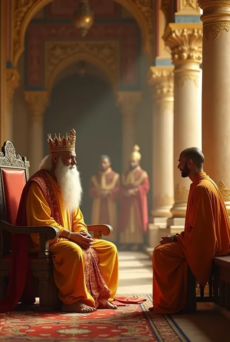 राजा और संत की मुलाकात

Prompt: An ancient royal court with a wise sage sitting in front of a king. The king, dressed in traditional golden robes and a crown, asks a question. The sage, wearing simple saffron robes, smiles wisely while answering. The court...