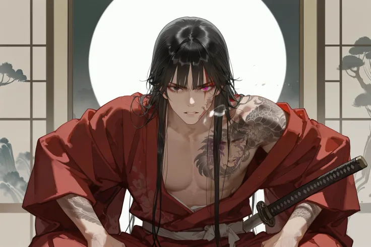 masterpiece, best quality, very aesthetic, newest, absurdres, highres,
yuyuhuadiao,
1boy, solo, long hair, male focus, black hair, colored eyelashes, parted lips, red kimono, looking at viewer, tattoo, straight bangs on the face, heterochromia, very highly...