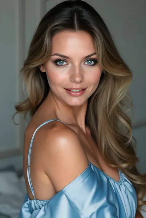 a realistic photo of a body portrait of stunning alluring young Michelle Pfeifffer,  smile. She playfully bends in front of the camera in a shiny, metallic light blue satin A-line dress with straps ..., Wedding celebration, glamour photo shooting, beautifu...