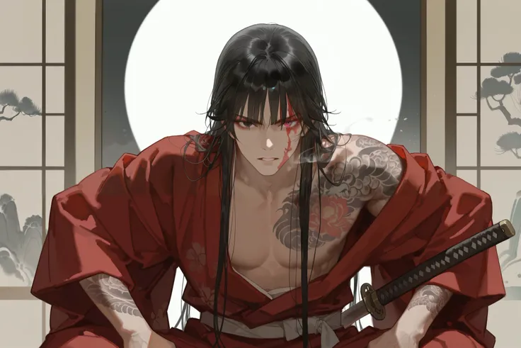 masterpiece, best quality, very aesthetic, newest, absurdres, highres,
yuyuhuadiao,
1boy, solo, long hair, male focus, black hair, colored eyelashes, parted lips, red kimono, looking at viewer, tattoo, straight bangs on the face, heterochromia, very highly...