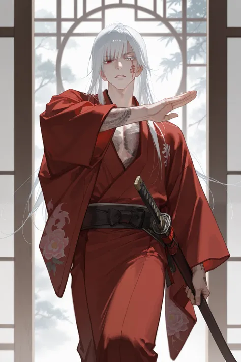 masterpiece, best quality, very aesthetic, newest, absurdres, highres,
yuyuhuadiao,
1boy, solo, long hair, male focus, white hair, waist-deep, white eyelashes, parted lips, red kimono, looking at viewer, tattoo, straight bangs on the face, heterochromia, v...