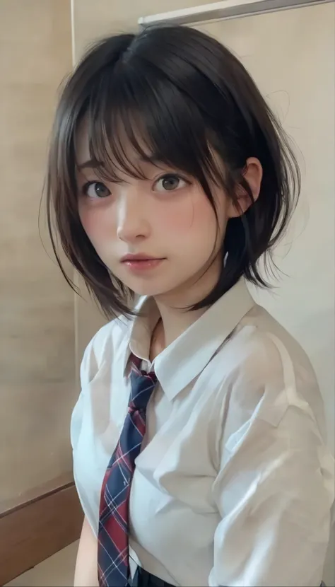 realistic, medium breasts、((white shirt)) , ((angle from above))、((curvy body))、Wearing a pleated skirt 、((face close-up))、((Y shirt))、(( embarrassed expression)) attractive、(angle、 She's looking up )  In the classroom、short hair、Female Middle School Stude...