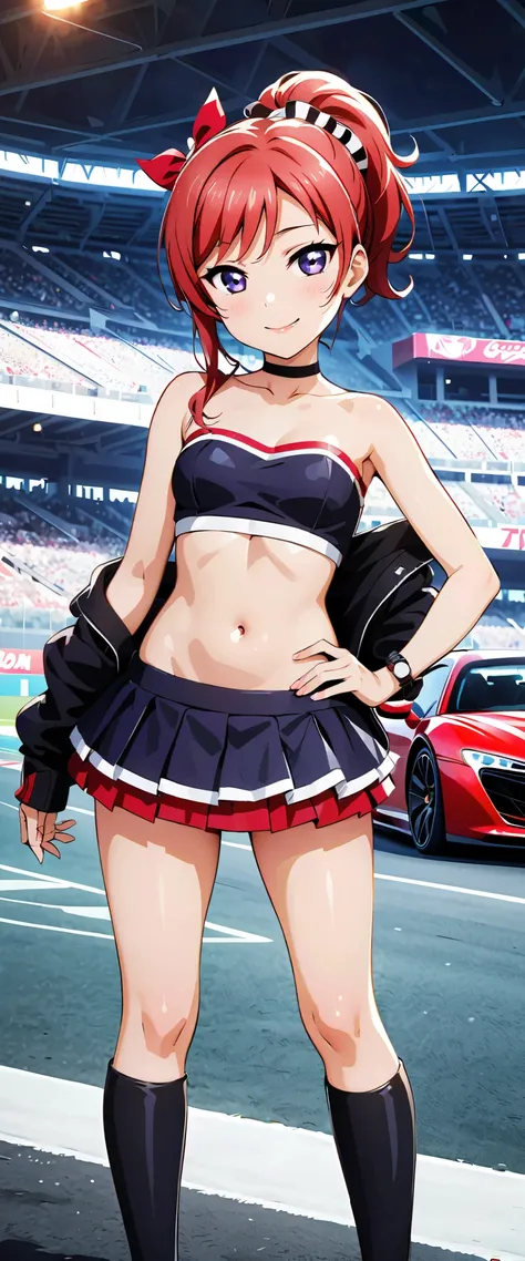 Highest quality, super high resolution, One person, smaller breasts, black choker, smile, exposes shoulders, focus only , watch viewers,Fair skin,Car racing track,photon mapping, Physically Based Rendering, RAW photos , very detailed background, K-pop...