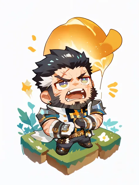 boy, short hair, black hair, white streak, Gloves , scar,'s only, beard, unclothed, Mini ,Tsundere,angry,Look up, chibi