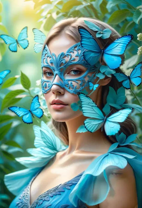 Woman in blue butterfly mask,close-up portrait,pastel colors, background, inspired by nature ,The bright garden , soft sunlight,beautiful dress, thin texture ,ethereal atmosphere,fantasy,(best quality,4K,8 k,Masterpiece:1.2),ultra detail ,(realistic,照片real...