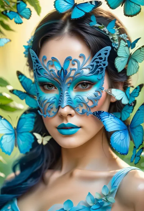 Woman in blue butterfly mask,close-up portrait,pastel colors, background, inspired by nature ,The bright garden , soft sunlight,beautiful dress, thin texture ,ethereal atmosphere,fantasy,(best quality,4K,8 k,Masterpiece:1.2),ultra detail ,(realistic,照片real...