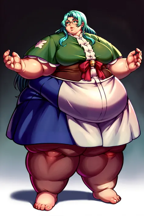 score_9,score_8_up,score_7_up,score_6_up, source_anime, woman, dynamic pose, toe-point, long hair, aqua hair, aqua eyes, round glasses, green capelet, red ribbon, white blouse, brown corset, long dress, blue dress, white dress, multicolored dress, standing...