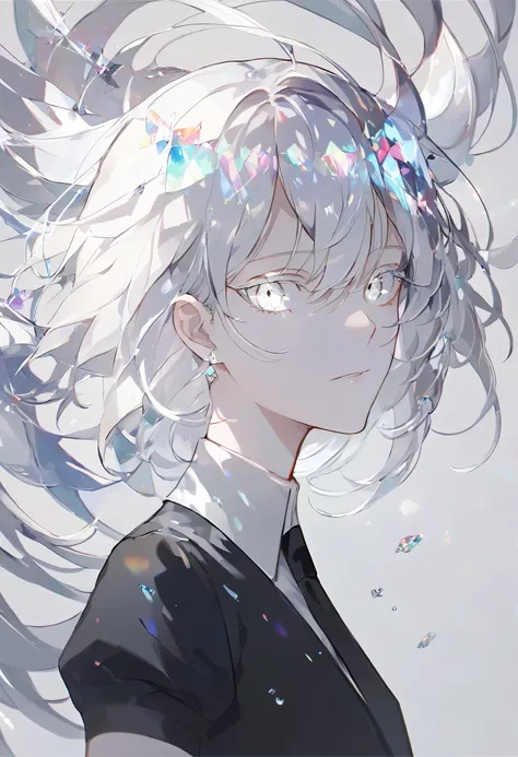 Beautiful, solo, long hair, white hair, silver eyes, white shirt, black suit, short sleeves, houseki no kuni, gem, crystals