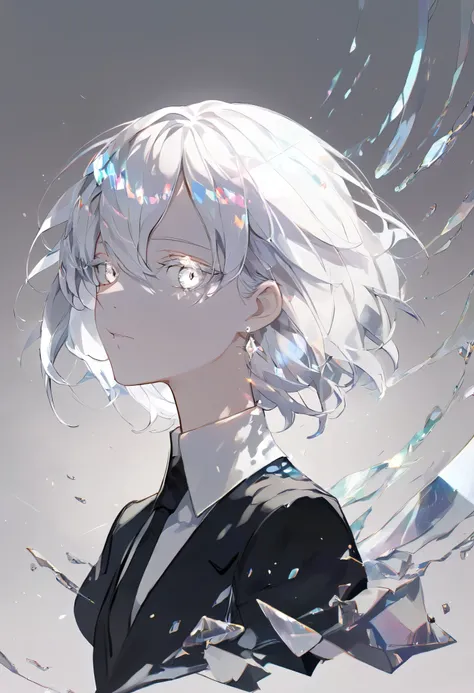 Beautiful, solo, medium hair, white hair, silver eyes, white shirt, black suit, short sleeves, houseki no kuni, gem, crystals